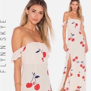 Flynn Skye Bardot silk maxi cherry print dress size M